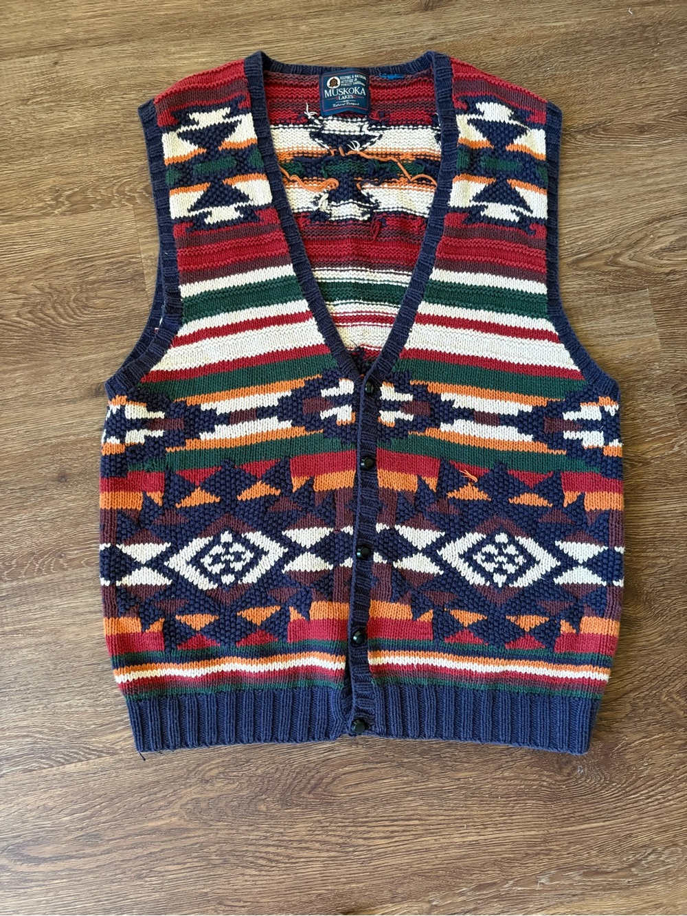 Vintage 90s Muskoka Lakes Branded Button Down Sweater Vest Aztec Pattern Size XL